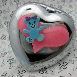 Blue Teddy Bear and Pink Heart Compact Mirror 